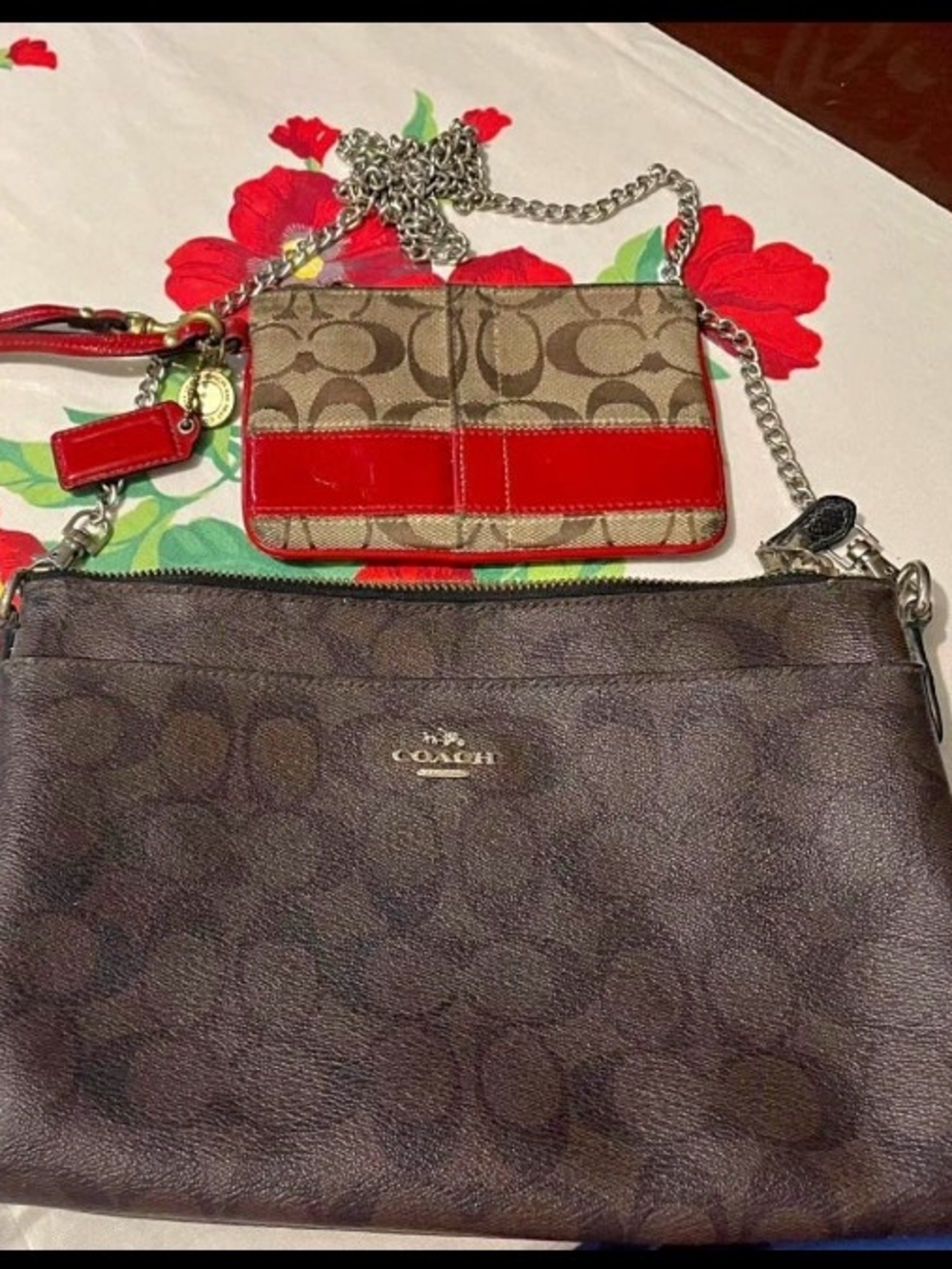 Coach Brown Signature Crossbody with Red-Trim Wristlet